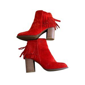 RWC Red Suede Fringe Ankle Boots With Block Heel & Side Zipper Closure Size 7
